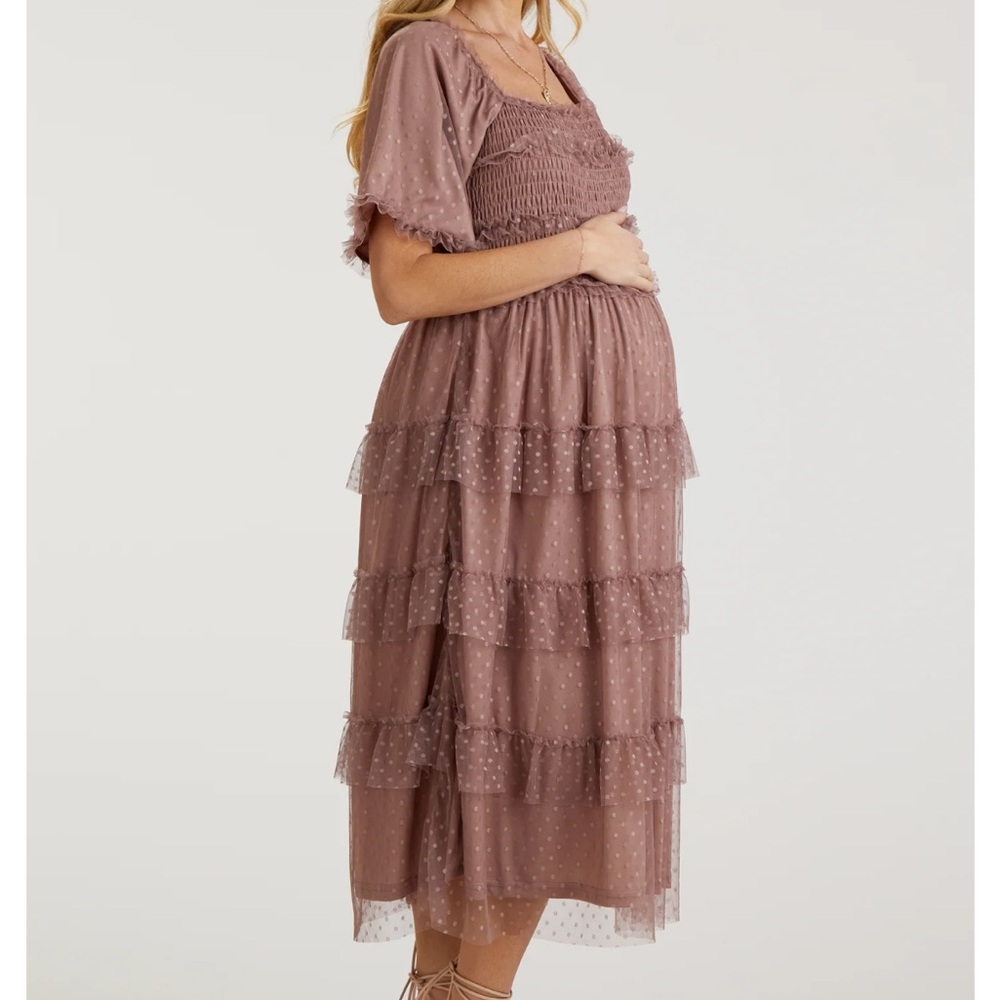 Pink Dot Smocked Ruffle Tiered Maternity Midi Dress - Picture 5 of 7